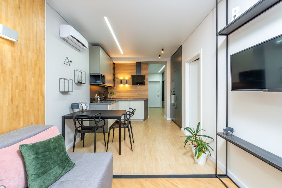 Bright and spacious modern studio apartment featuring open living and kitchen area.